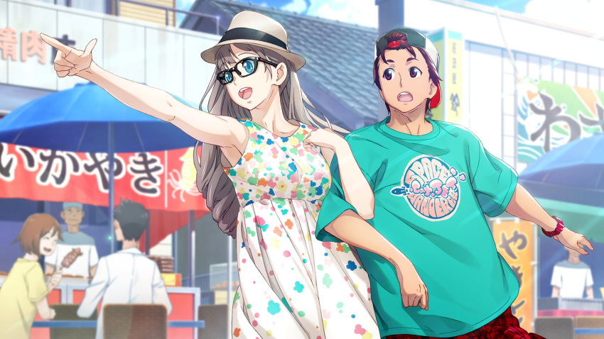 1boy, 1girl, arm_hug, armpits, beret, black-framed_eyewear, blue_eyes, blurry