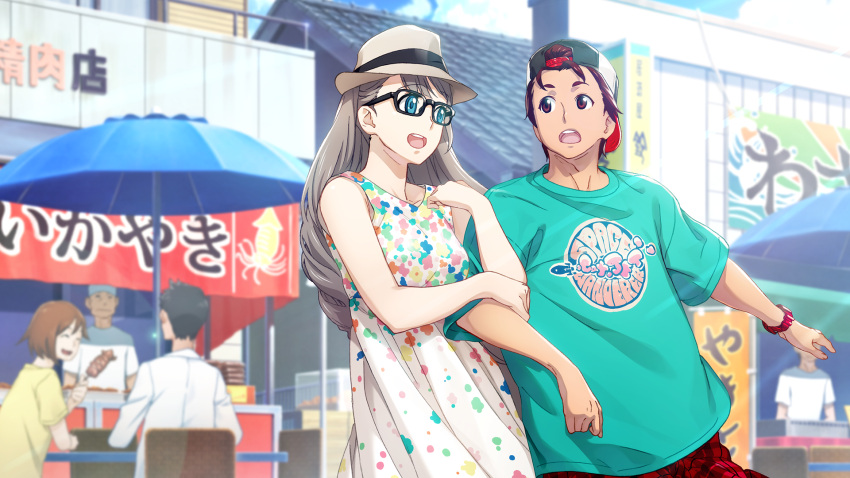 1boy, 1girl, arm_hug, beret, black-framed_eyewear, blue_eyes, blurry, blurry_background, collarbone, dress, fedora, fukuda_tomonori, game_cg, glasses, grey_hair, hair_between_eyes, hat, highres, long_hair, looking_at_another, official_art, open_mouth, pants, plaid_clothes, plaid_pants, pulling_arm, red_eyes, red_hair, red_pants, robotics;notes, robotics;notes_dash, shiny_eyes, shirt, short_hair, smile, sundress, sunlight, swept_bangs, t-shirt, teeth, tongue, upper_teeth_only, watch, watch, white_dress, white_hat, white_shirt, yashio_kaito, yukifune_airi