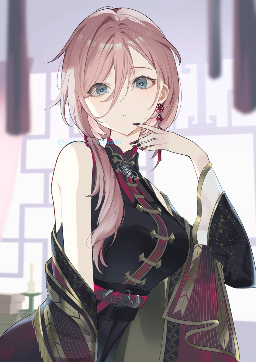 1girl, black_dress, blue_eyes, braid, braided_ponytail, breasts, dress, earrings