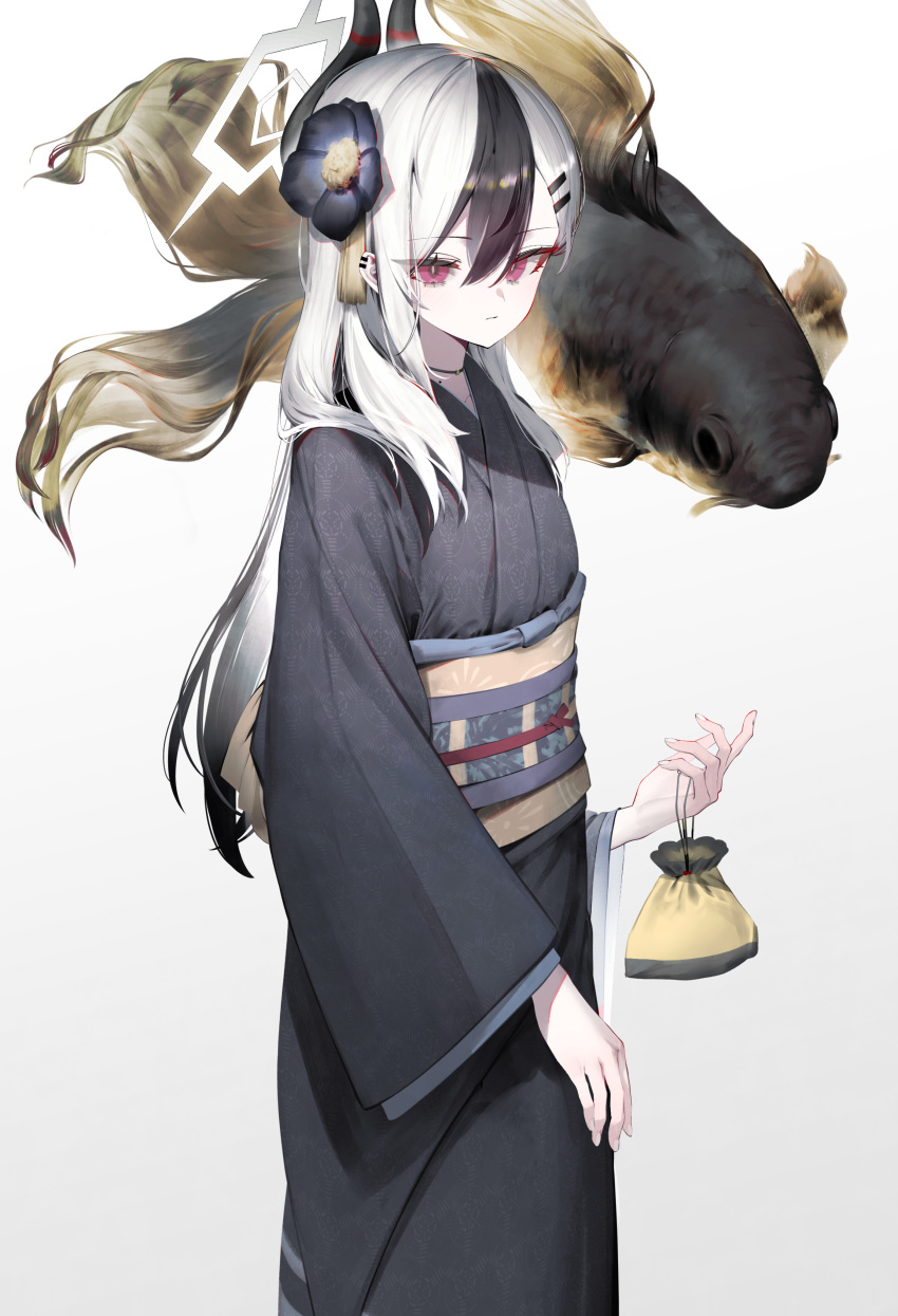1girl, absurdres, black_hair, black_kimono, blue_archive, fish, flower, hair_flower, hair_ornament, hairclip, halo, highres, horns, inumata_ichini, japanese_clothes, kayoko_(blue_archive), kayoko_(new_year)_(blue_archive), kimono, kinchaku, long_hair, multicolored_hair, obi, pouch, red_eyes, sash, solo, streaked_hair, white_hair