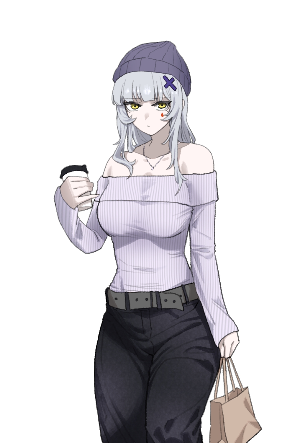 1girl, alternate_costume, bag, beanie, belt, black_pants, breasts, casual