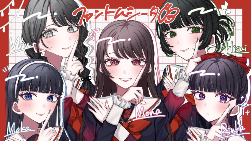 5girls, aegyo_sal, black_hair, blue_eyes, blue_nails, bow, braid, brown_hair