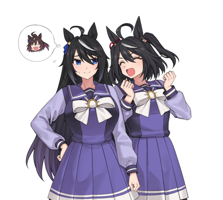 2girls, ahoge, animal_ears, black_hair, black_tide_(racehorse), blue_eyes, bow, bowtie