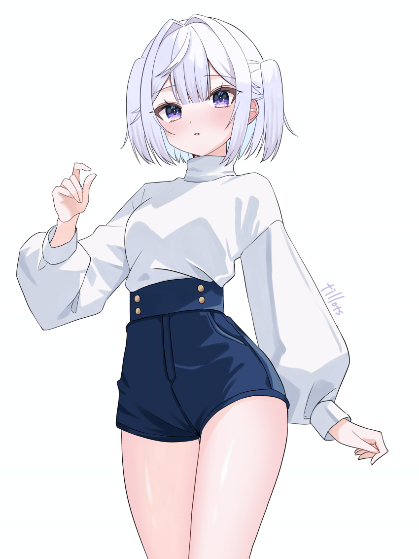 1girl, absurdres, arm_at_side, artist_name, blue_shorts, center-flap_bangs, commentary, denim, denim_shorts, hair_intakes, hand_up, head_tilt, high-waist_shorts, highres, light_blush, long_sleeves, looking_at_viewer, original, parted_lips, puffy_long_sleeves, puffy_sleeves, short_hair, shorts, solo, sweater, symbol-only_commentary, thighs, tillots, turtleneck, turtleneck_sweater, two_side_up, violet_eyes, white_background, white_hair, white_sweater