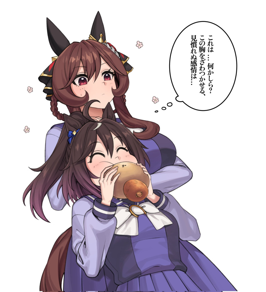 2girls, ahoge, animal_ears, blue_bow, bow, bowtie, braid, braided_hair_rings