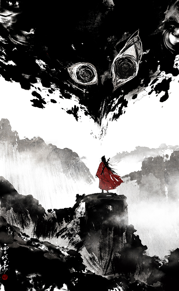 1boy, 1other, artist_name, black_hair, black_smoke, chinese_clothes, coat, colored_smoke