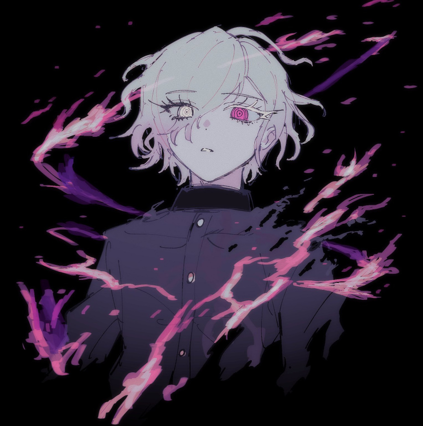 1boy, black_background, eyes_visible_through_hair, fire, gakuran, heterochromia, highres, looking_at_viewer, male_focus, okdswts, parted_lips, purple_fire, school_uniform, shion_(hundred_line), short_hair, simple_background, solo, the_hundred_line_-last_defense_academy-, upper_body, violet_eyes, white_eyes, white_hair