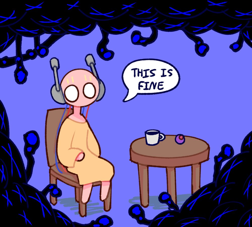 1boy, androgynous, barefoot, blue_background, cable, chair, coffee_mug, colored_skin, cup, english_commentary, english_text, facial_mark, five_pebbles, forehead_mark, humanoid_robot, iterator_(rain_world), koifishz0, meme, mug, o_o, pearl_(rain_world), pink_skin, rain_world, robot, robot_ears, rot_(rain_world), sitting, speech_bubble, table, this_is_fine_(meme), wide-eyed, yellow_cloak