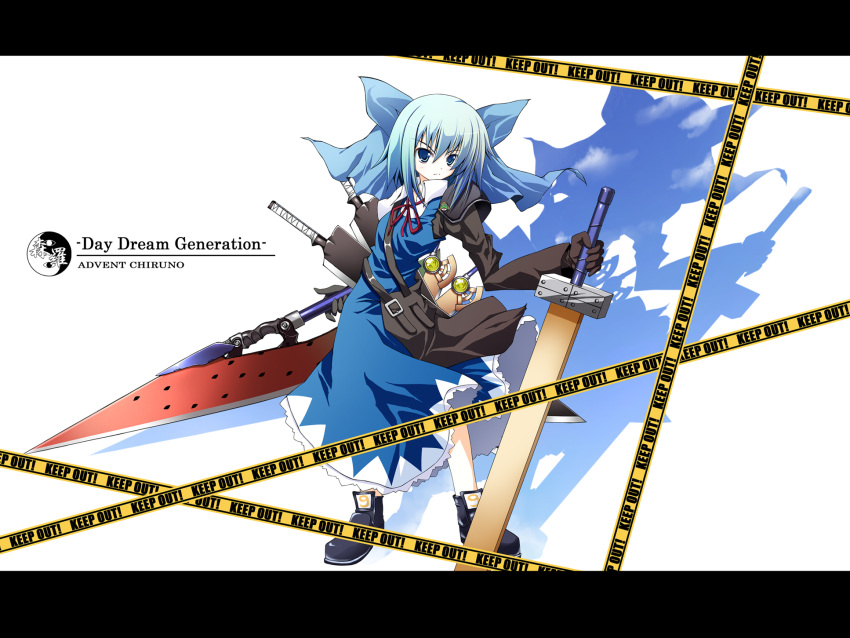 ?, araissu, blue_dress, blue_eyes, blue_hair, bow, caution_tape, cirno