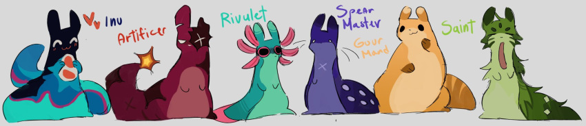 artificer_(rain_world), axolotl_ears, axolotl_tail, black_eyes, black_fur, blue_fur, blush, burn_scar, character_name, closed_eyes, creature, cross_in_eye, english_commentary, fluffy, gourmand_(rain_world), gradient_fur, green_fur, grey_background, highres, holding, inv_(rain_world), inverted_colors, long_tongue, monster, no_humans, o_o, orcav3, pink_eyes, plump, purple_fur, rain_world, red_fur, rivulet_(rain_world), saint_(rain_world), scar, scar_across_eye, scar_on_back, scar_on_chest, scar_on_face, scar_on_foot, scar_on_shoulder, scar_on_tail, slugcat, spearmaster_(rain_world), three-toned_fur, tongue, tongue_out, whiskers, white_eyes, wide_image, yellow_fur