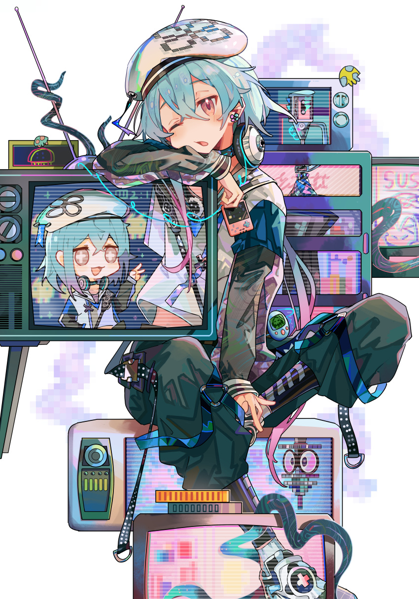 1boy, absurdres, arknights, blue_hair, commentary, crt, headphones, headphones_around_neck