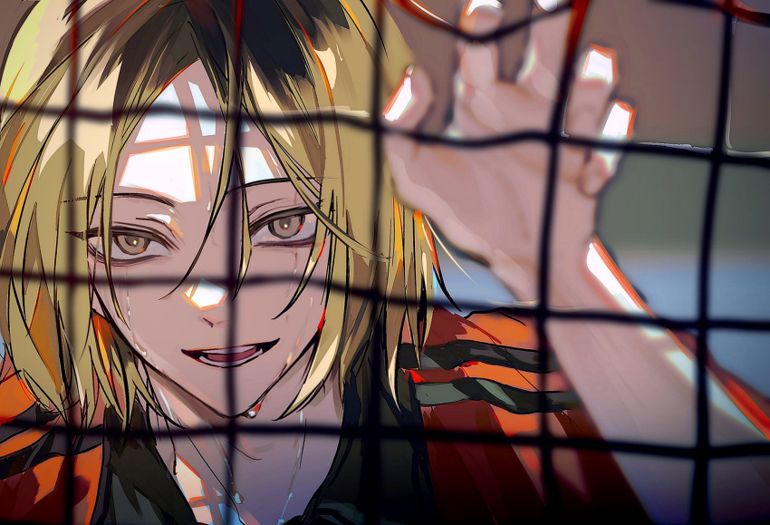 1boy, a197nri79he10ls, bishounen, blonde_hair, blurry, blurry_background, haikyuu!!, highres, kozume_kenma, looking_at_viewer, male_focus, medium_hair, multicolored_hair, nekoma_volleyball_uniform, open_mouth, solo, sportswear, sweat, teeth, tongue, two-tone_hair, volleyball_net, volleyball_uniform, yellow_eyes
