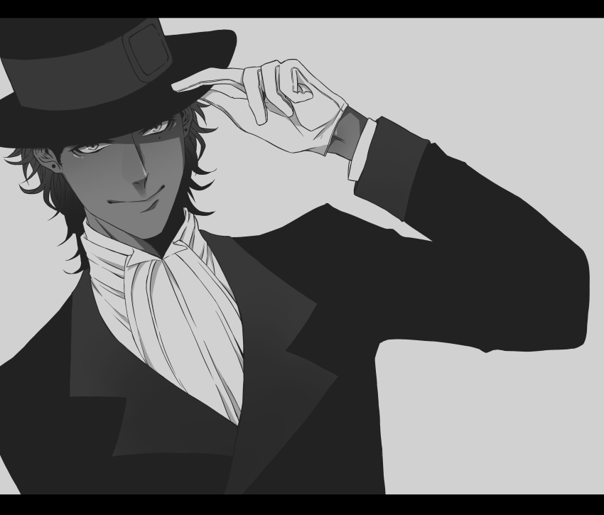 1boy, absurdres, black_hair, black_hat, black_suit, commentary_request, d.gray-man, dark-skinned_male
