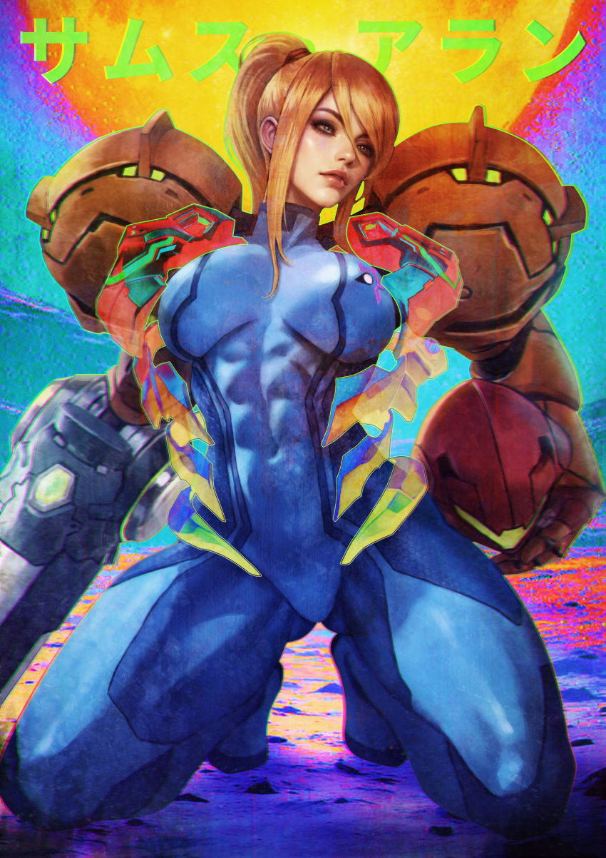 1girl, abs, absurdres, arm_cannon, ass_visible_through_thighs, blonde_hair, breasts, covered_abs