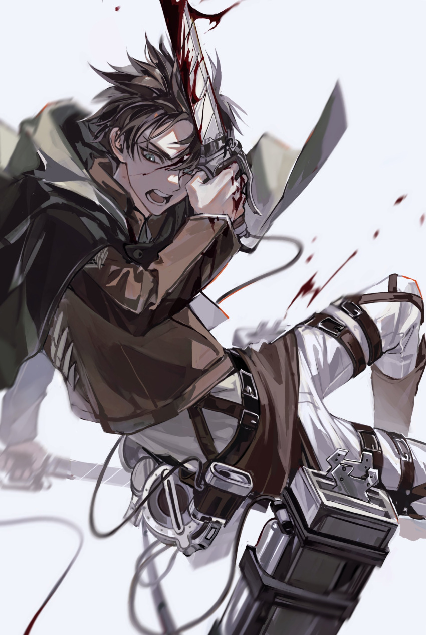 1boy, a197nri79he10ls, absurdres, belt, black_hair, blood, blood_on_weapon, brown_hair