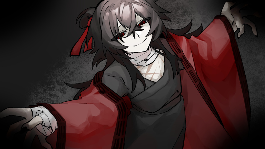 1boy, bags_under_eyes, bandaged_hand, bandaged_neck, bandages, black_hair, black_hanfu, black_nails