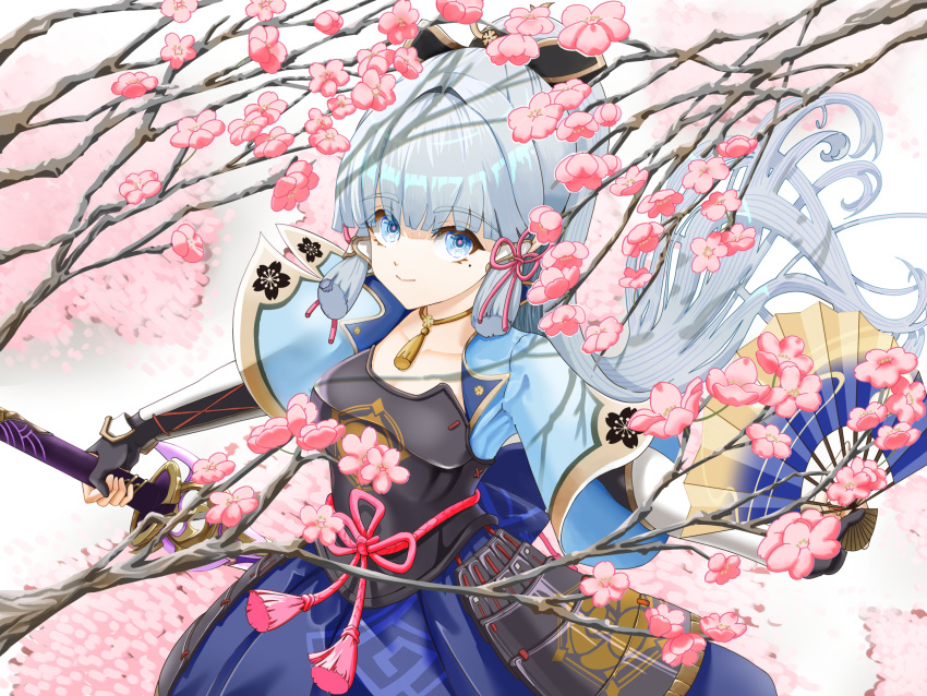 1girl, aqua_eyes, aqua_hair, armored_skirt, blunt_bangs, breasts, cherry_blossoms, closed_mouth