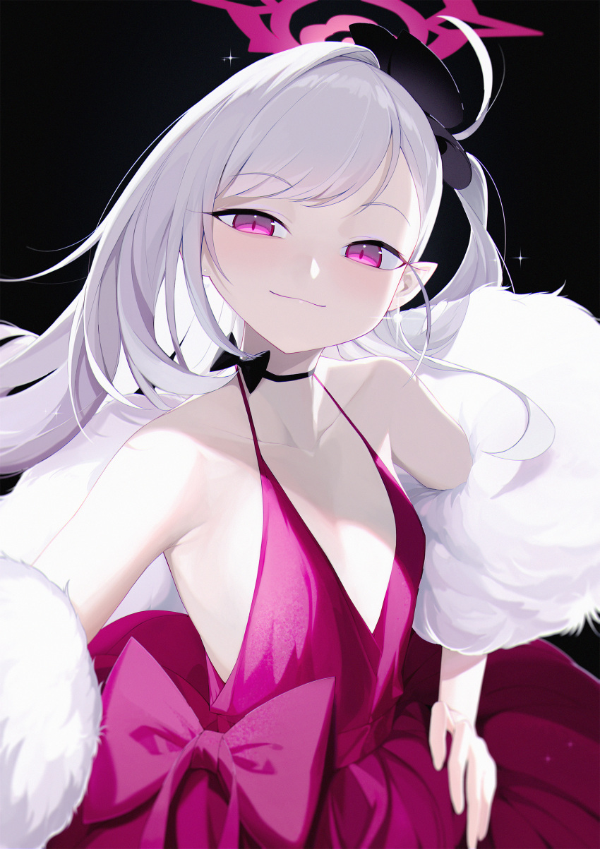 absurdres, blue_archive, breasts, collarbone, dress, earrings, flower, fur_shawl
