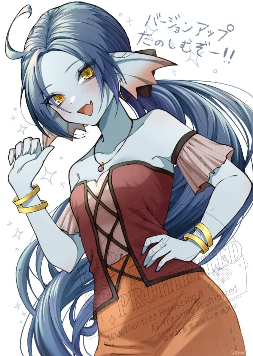 ahoge, artist_name, black_bow, blue_hair, blue_skin, bow, bracelet, breasts