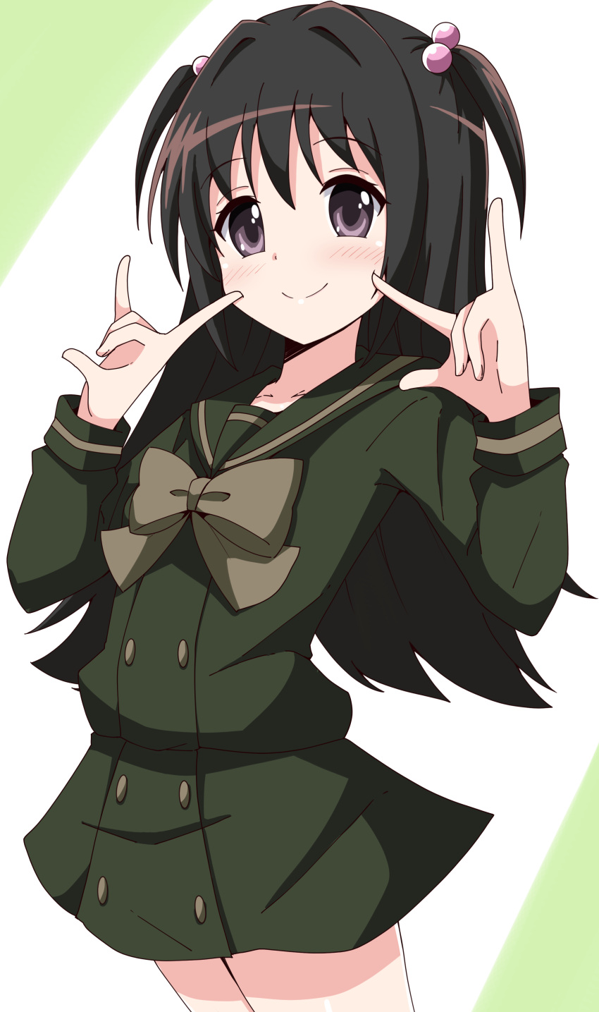1girl, \m/, absurdres, aikawa_ryou, blush, bow, brown_bow, closed_mouth