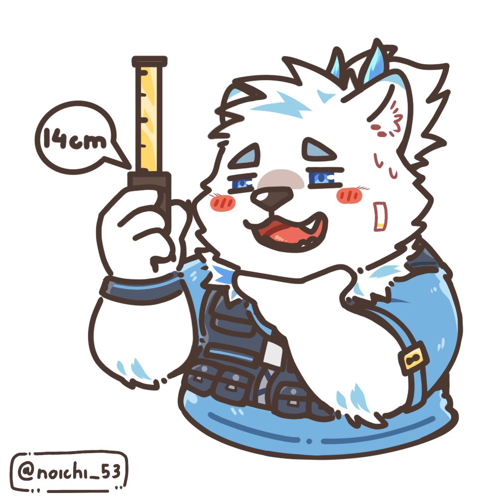 1boy, animal_ears, artist_name, bandaid, bandaid_on_cheek, bandaid_on_face, blue_shirt, blush, chibi, chibi_only, dog_boy, dog_ears, dog_nose, english_commentary, fangs, furry, furry_male, holding_tape_measure, live_a_hero, looking_at_object, multicolored_hair, noichi_53, open_mouth, shirt, smile, streaked_hair, sweatdrop, twitter_username, white_background, white_fur, yohack