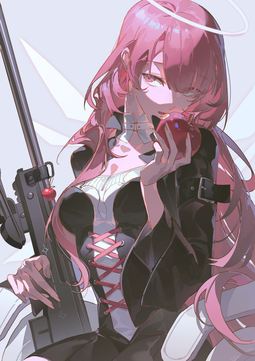 1girl, absurdres, apple, arknights, arm_strap, arm_up, black_dress, breasts, choker, detached_wings, dress, eating, food, fruit, gun, halo, highres, holding, holding_food, holding_fruit, holding_gun, holding_weapon, lemuen_(arknights), long_hair, long_sleeves, medium_breasts, open_mouth, pink_eyes, pink_hair, rifle, shio_sakanab, sitting, sniper_rifle, solo, traditional_halo, weapon, wheelchair, white_choker, white_wings, wings