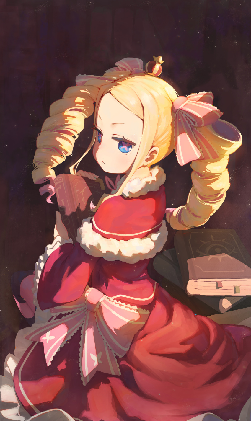 1girl, absurdres, beatrice_(re:zero), blonde_hair, blue_eyes, book, bookmark, butterfly-shaped_pupils, capelet, crown, dress, drill_hair, fur_trim, hair_ribbon, highres, holding, holding_book, kinn_(kinn70133), long_hair, long_sleeves, looking_at_viewer, mini_crown, re:zero_kara_hajimeru_isekai_seikatsu, ribbon, sidelocks, solo, symbol-shaped_pupils, twin_drills, twintails