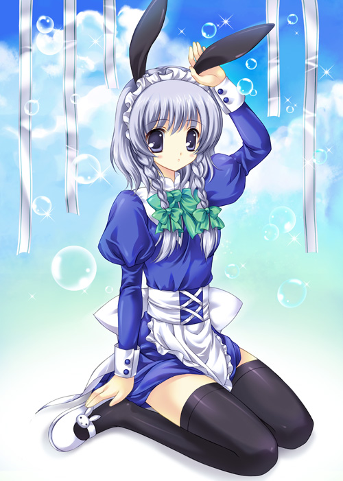 animal_ears, black_legwear, black_thighhighs, blue_eyes, braid, bunny_ears, fukase_ayaka, fukaseayaka