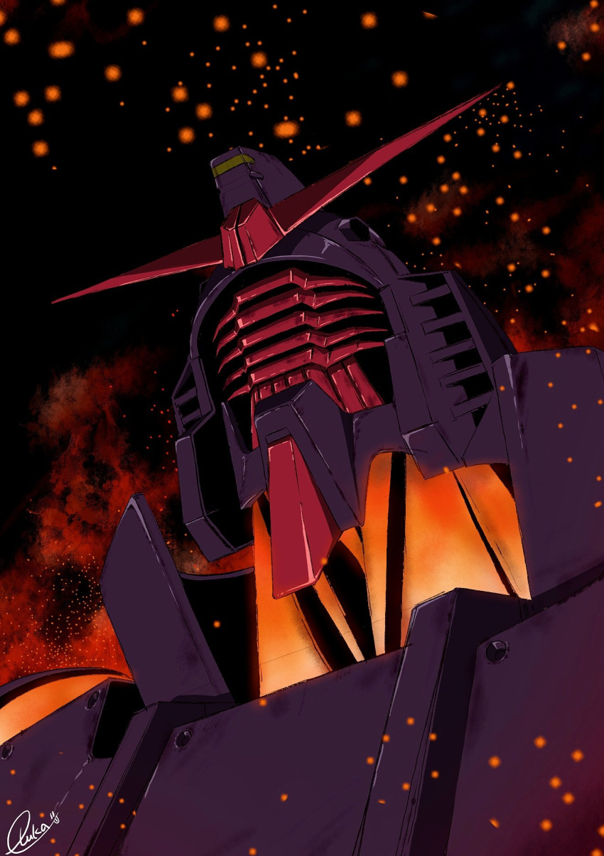 black_background, embers, gundam, gundam_gquuuuuux, highres, mecha, mecha_focus, mobile_armor, nakano_ruka, no_humans, portrait, psyco_gundam_(gquuuuuux), robot, signature, v-fin