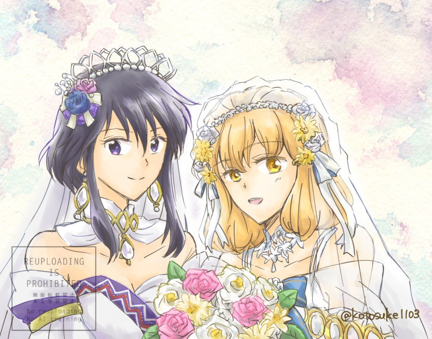 black_hair, bouquet, bridal_veil, bride, brooch, choker, dress, earrings, fire_emblem, fire_emblem:_genealogy_of_the_holy_war, fire_emblem_heroes, flower, hair_flower, hair_ornament, holding, holding_bouquet, jewelry, kotosuke1103, lana_(bride)_(fire_emblem), lana_(fire_emblem), larcei_(bride_of_astra)_(fire_emblem), larcei_(fire_emblem), looking_at_viewer, orange_hair, rose, sidelocks, smile, strapless, strapless_dress, tiara, veil, watercolor_background, wedding_dress, white_dress