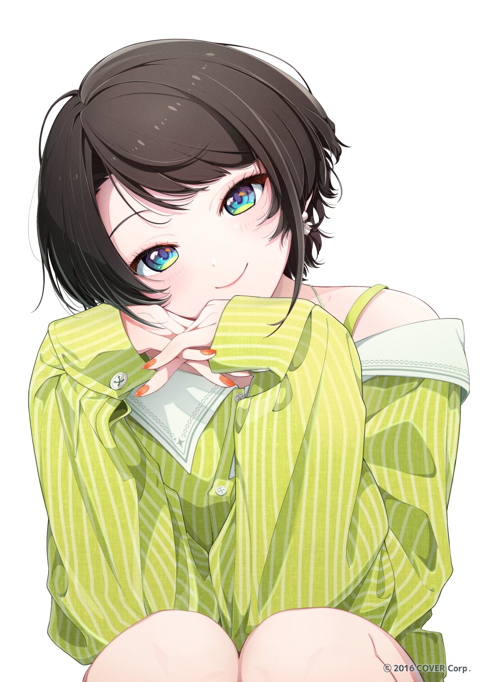 1girl, animal_ears, blue_eyes, brown_hair, closed_mouth, commentary_request, copyright_name, green_shirt