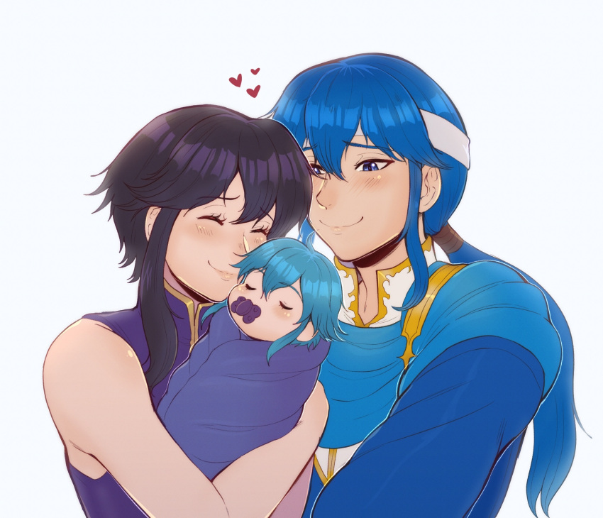 1boy, 2girls, baby, black_hair, blue_hair, blush, carrying, carrying_baby