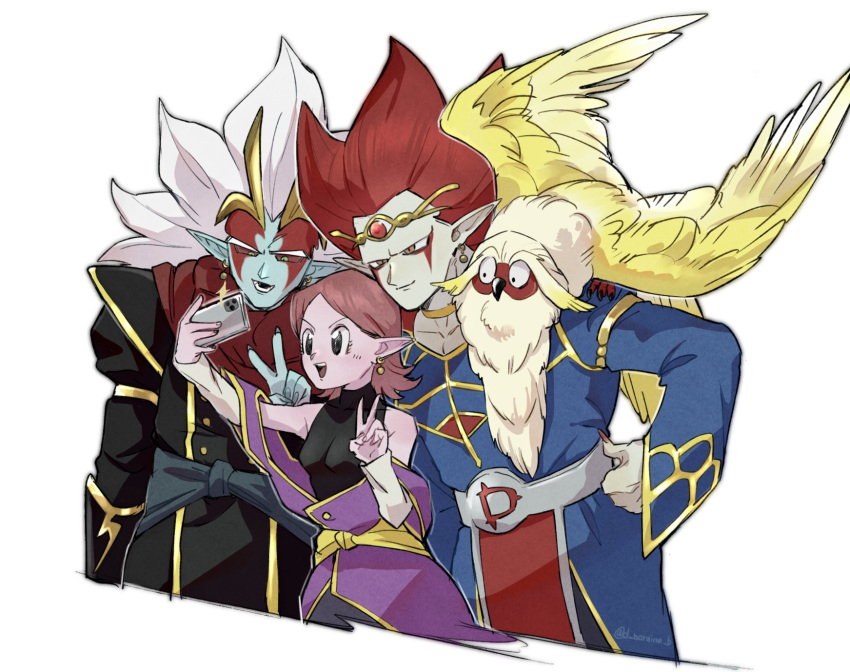 1girl, 1other, 2boys, animal_on_shoulder, bare_shoulders, bird, bird_on_shoulder, black_eyes
