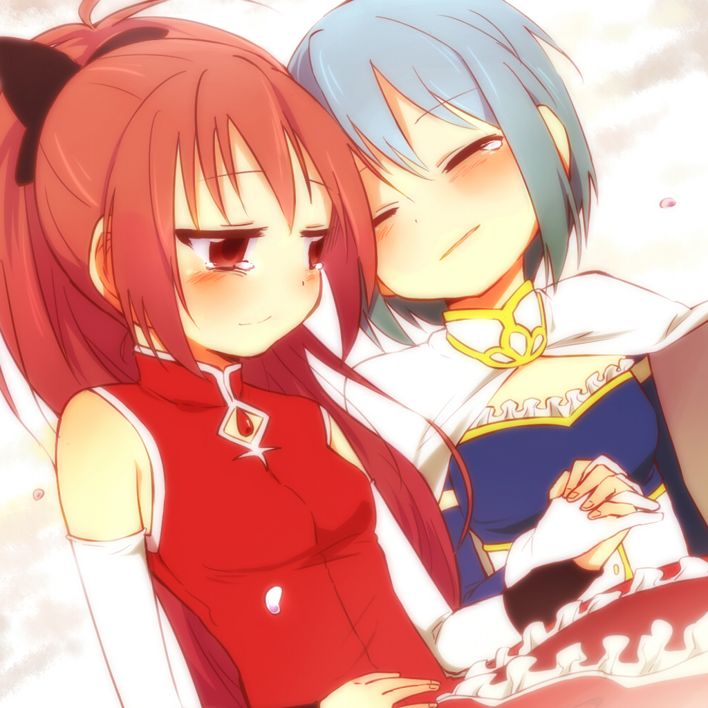 bare_shoulders, blue_hair, bow, cape, closed_eyes, detached_sleeves, eyes_closed, gloves