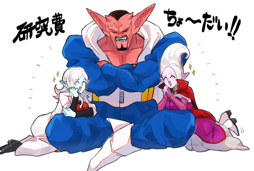 1boy, 2girls, belt, black_facial_hair, black_hair, black_shoes, blue_pants, blue_skin