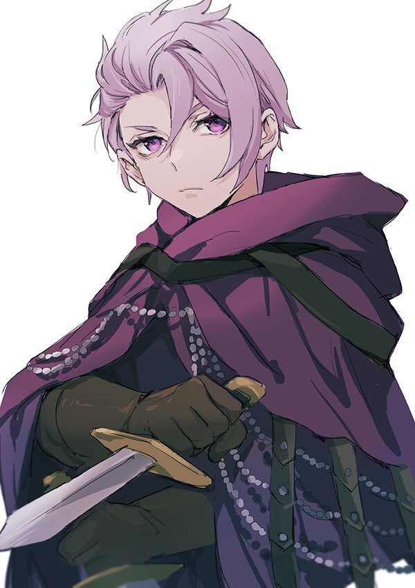 1boy, bishounen, black_gloves, black_shirt, cape, closed_mouth, commentary_request, dagger