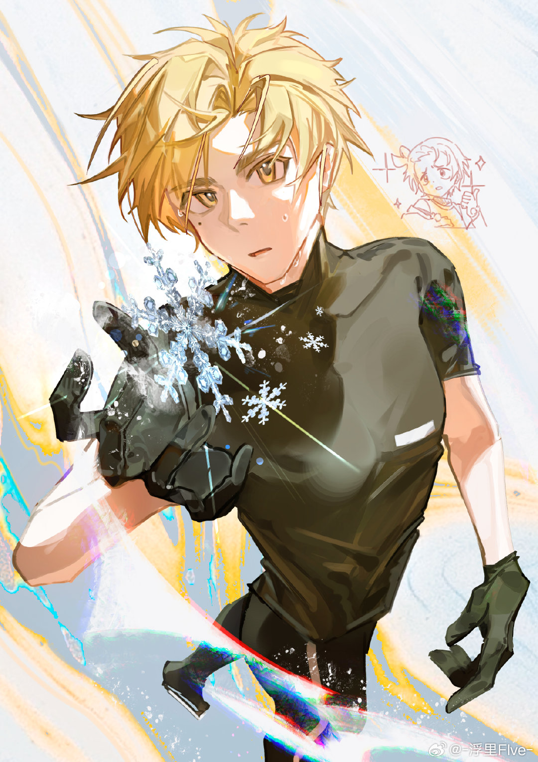 1boy, akeuraji_tsukasa, black_gloves, black_shirt, blonde_hair, doodle_inset, flve, gloves, highres, medalist_(manga), meme, mole, mole_under_eye, shirt, smug_inori_(meme), snowflakes, sweat, watermark, weibo_username, weibo_watermark, yellow_eyes, yuitsuka_inori