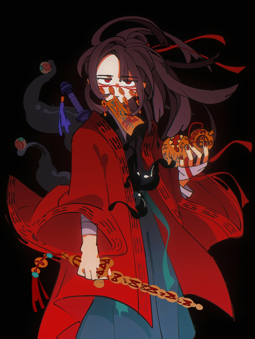 1boy, bandaged_arm, bandages, black_background, black_hair, black_hanfu, brown_hair, chinese_clothes