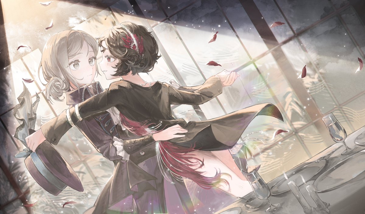 2girls, black_coat, black_hair, black_hat, black_pants, blurry, blurry_background, boater_hat