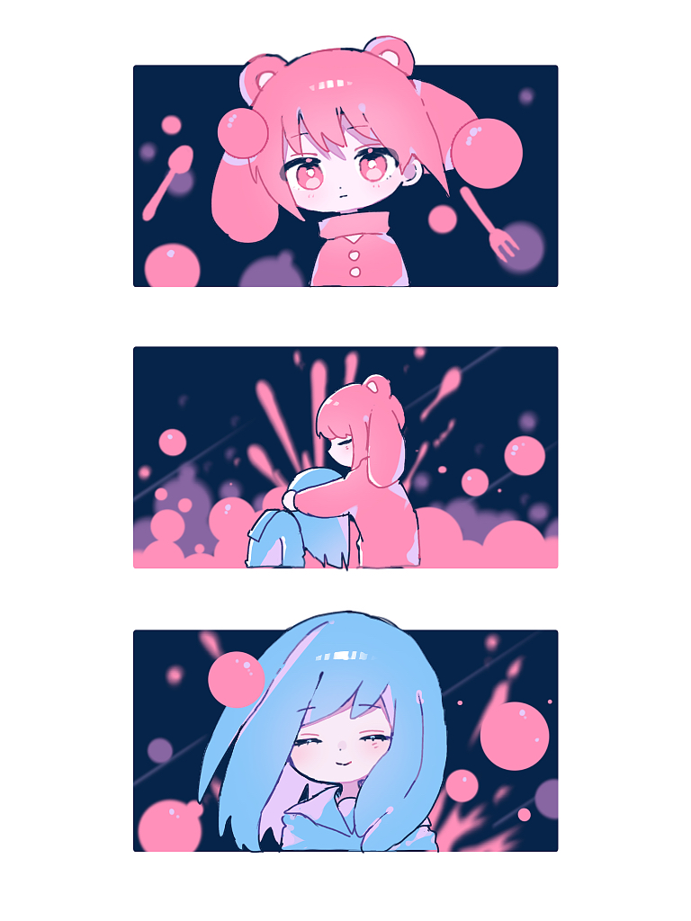 2girls, blue_hair, chibi, closed_eyes, closed_mouth, hiro_0607, hug, melty_land_nightmare_(vocaloid)