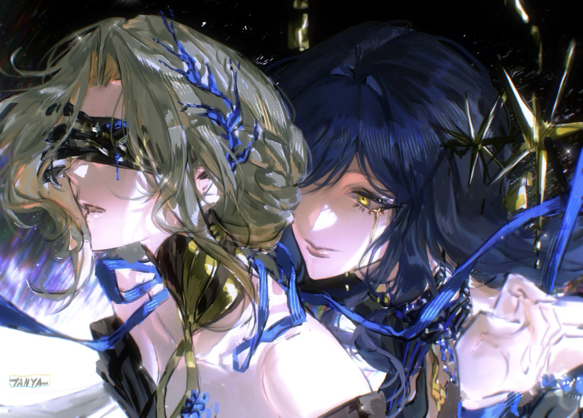 2girls, arcana_(reverse:1999), bare_shoulders, black_blindfold, blindfold, blue_hair, chinese_text, collarbone