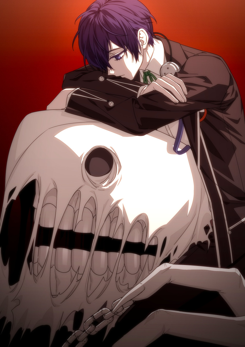 2boys, absurdres, aircon11, black_eyes, blue_eyes, blue_hair, chain, collared_shirt