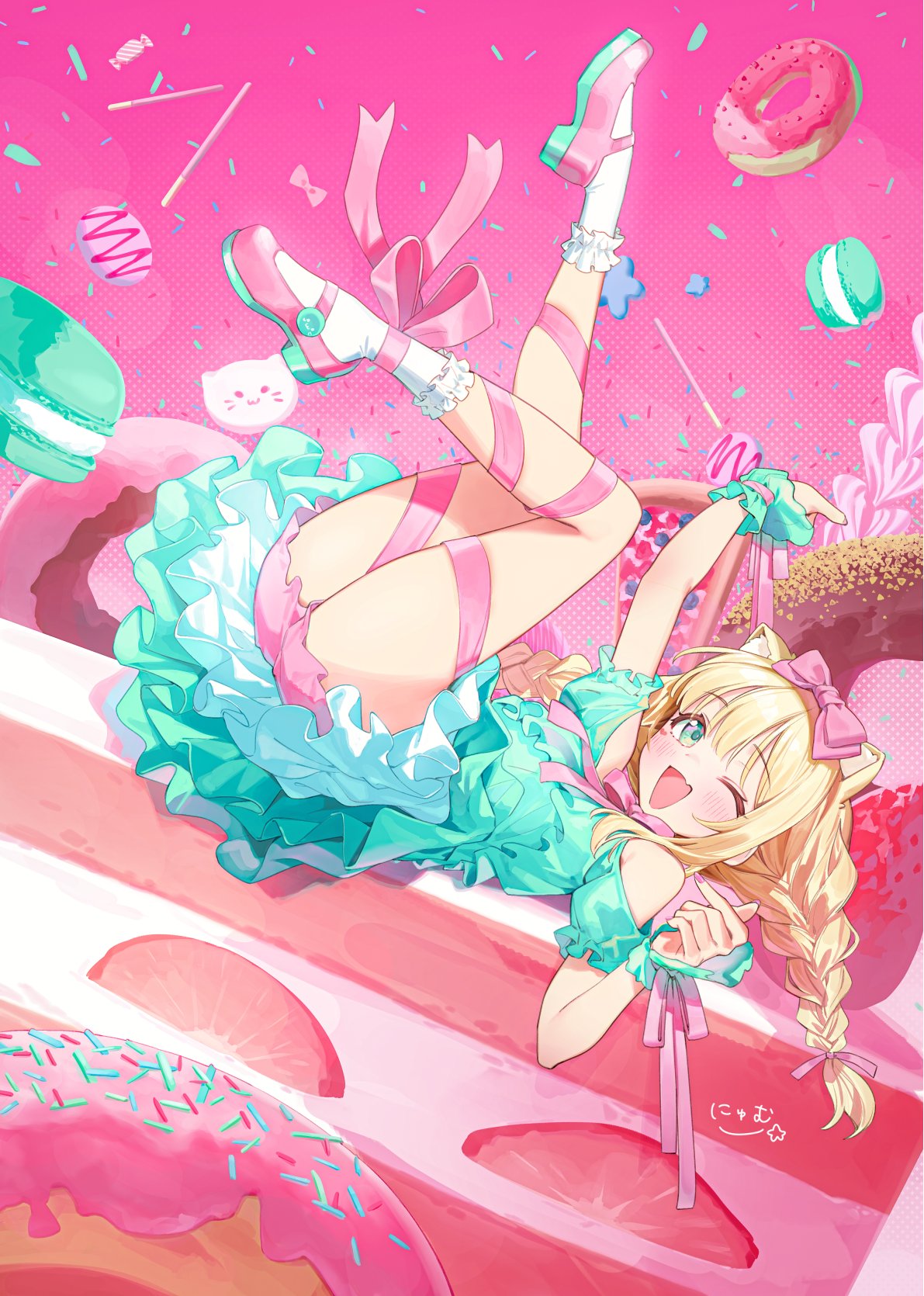 1girl, :d, animal_ears, arm_up, bare_shoulders, blonde_hair, bloomers, bow