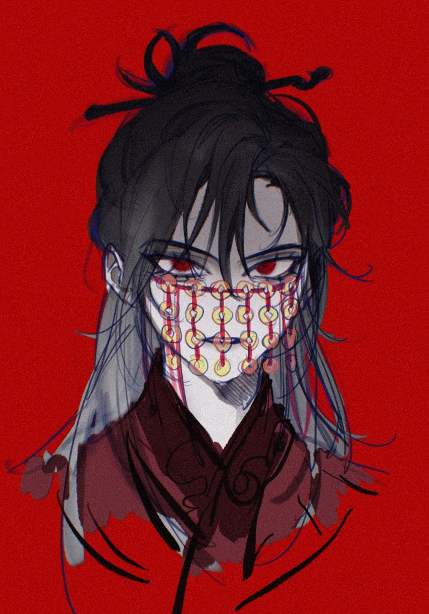 1boy, bags_under_eyes, black_hair, chinese_clothes, chinese_commentary, coin, coin_mask, dao_gui_yi_xian