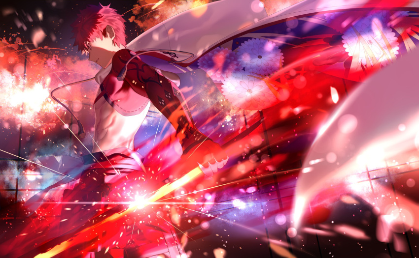 1boy, abs, cape, emiya_shirou, fate/grand_order, fate_(series), fire, highres