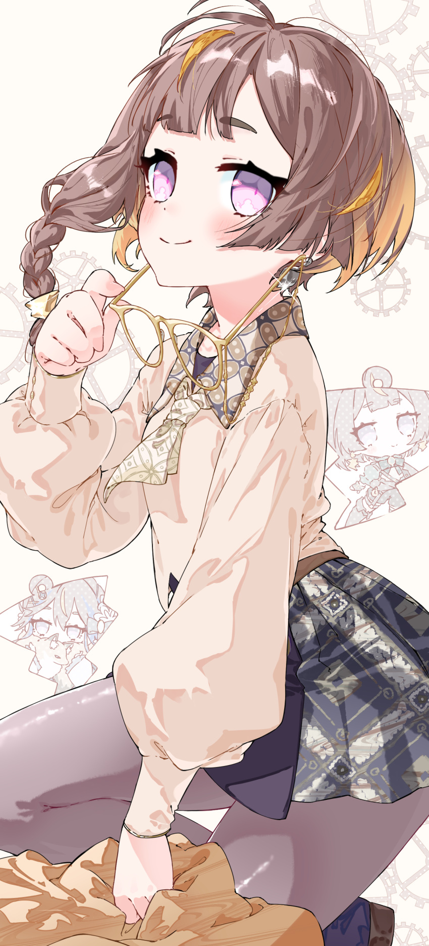 1girl, absurdres, anya_melfissa, anya_melfissa_(indonesian_casual), azusa_(azunyan12), braid, braided_ponytail, brown_hair, brown_pantyhose, chibi, coat, collared_shirt, earrings, eyewear_strap, floating_hair, gears, gradient_hair, highres, holding, holding_removed_eyewear, hololive, hololive_indonesia, jewelry, kneeling, light_blush, low_side_ponytail, multicolored_hair, necktie, orange_hair, pantyhose, parted_bangs, print_necktie, print_skirt, puffy_sleeves, round_eyewear, shirt, short_hair, skirt, smile, unworn_coat, unworn_eyewear, violet_eyes, virtual_youtuber, yellow-framed_eyewear