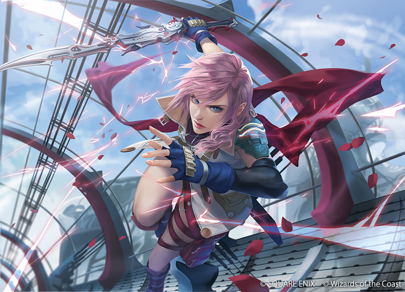 1girl, armor, asymmetrical_hair, blazefire_saber, blue_eyes, cape, copyright_notice, fighting_stance