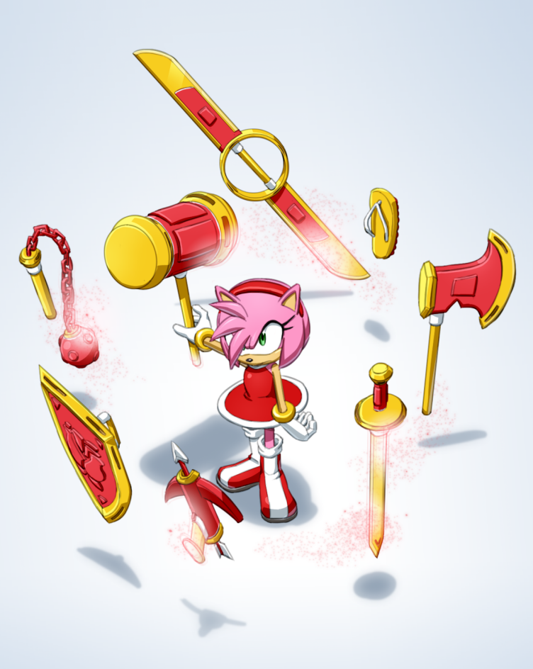 1girl, amy_rose, axe, battle_axe, crossbow, dress, flail, floating