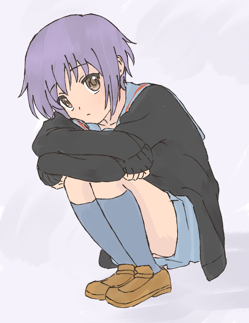 1girl, black_cardigan, blue_sailor_collar, blue_skirt, blue_socks, brown_eyes, brown_shoes, cardigan