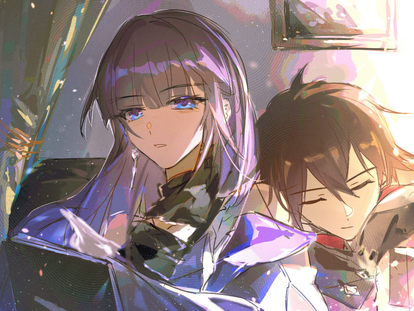 1boy, 1girl, adam_(honkai_impact), bare_shoulders, blue_eyes, blunt_bangs, book, brown_hair